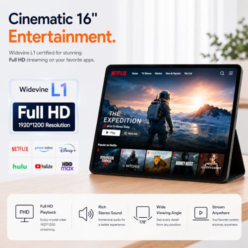 Image of MESWAO 16 Inch Android 16 Tablet, Widevine L1 Certified 1920x1200 IPS Pad | 8GB RAM 256GB ROM, Helio G99 Octa-Core, 30W Fast Charge 12000mAh Battery, Digital Sheet Music Reader for Musicians