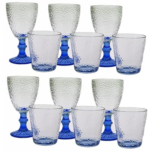 Set 12 Bicchieri 6 acqua 6 vino calici con piede in Vetro trasparente blu da tavola Eleganti Stile Raffinatezza in casa per Ogni Tavola e Occasione bar hotel ristorante