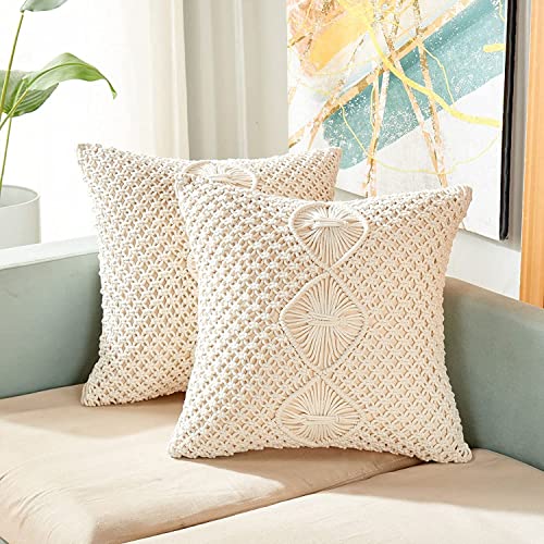 Image of Beautifull and Luxurious Handmade 100% Cotton Macrame Cushion Cover 16 inchx16 inch inch in Natural White Colour | Boho Cushion Cover in Premium Canvas Duck Fabric (WDM203) Pack of 2