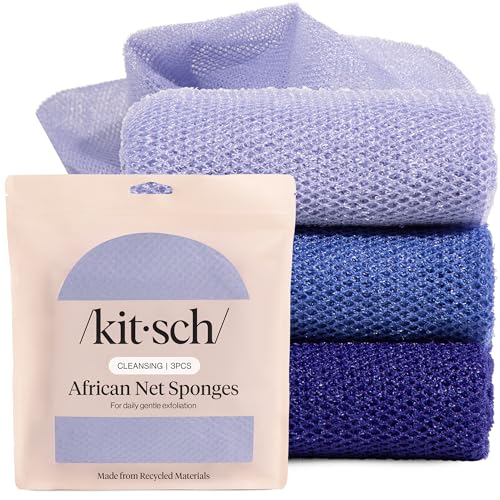Kitsch African Net Sponge Exfoliating Body Scrubber for Cleansing & Gentle Daily Exfoliation Stretchable Bath Sponge for Hard-to-Reach Areas Long-Lasting Shower Essential - Ocean Blue 3 Pcs