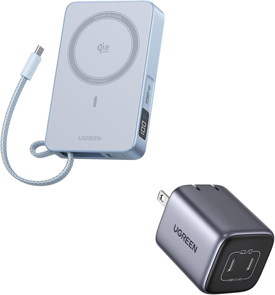 Paquete de batería externa UGREEN MagFlow Qi2 de 25 W y 10 000 mAh con cargador USB C GaN de 45 W