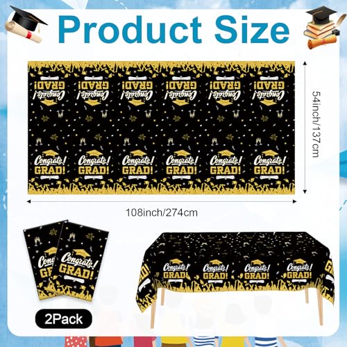 Image of Graduation Tablecloth, 2 PCS Graduation Decorations 2026, Black Gold Graduation Tablecloth Disposable, Plastic Congrats Grad Table Decoration for Class of 2026 Graduation Party Decorations, 108 inch X 54 inch