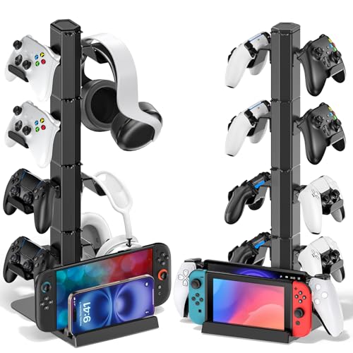 Soporte para Auriculares y Mandos, 4 Ganchos para Auriculares Extraíbles, Universal Soporte para Mando con Organizador de Cables, Accesorios Gaming Almacenamiento, Compatible con PS5/Xbox/Switch