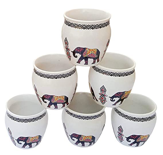 Buy DIZZEN Handicraft Hand Printed White Ceramic Kulhad/Kullad Cups Set