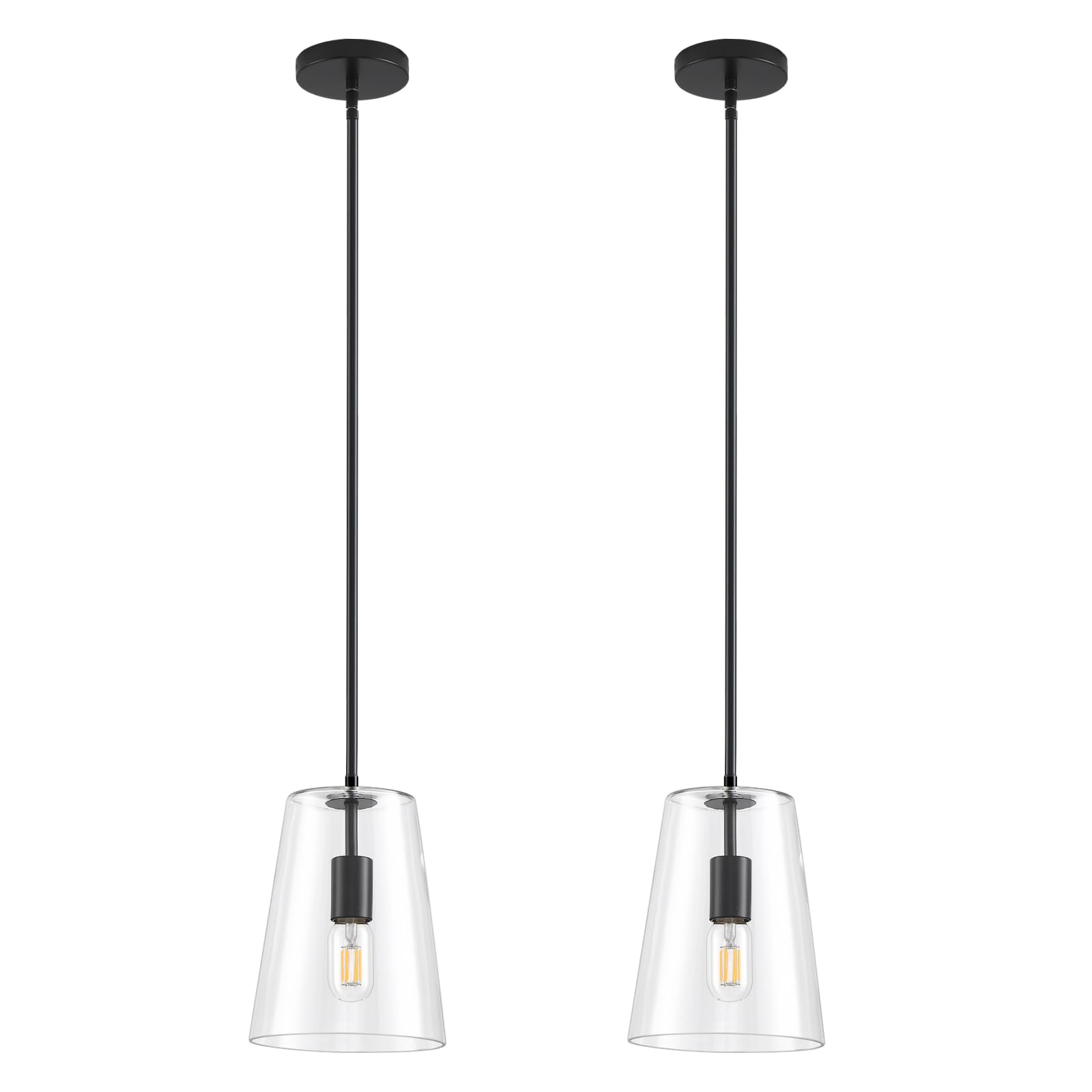 KLSS Black Big Pendant Lights Kitchen Island - Clear Glass Pendant Light Fixture Multiple Stems Rods 3 Units 12 Inch 3 Units 4 Inch (2 Pack Black Downrod Pendant with 7.5in W 9.5in H Shade)