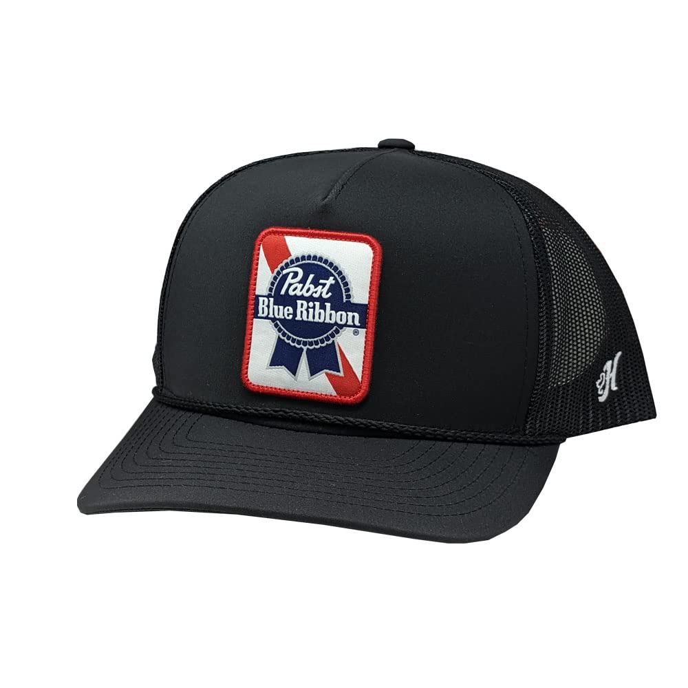 HOOEY Officially Licensed Pabst Blue Ribbon One Size Fits All Adjustable Snapback Hat for Men and Women Mesh Back Trucker Hat, Black, One size
