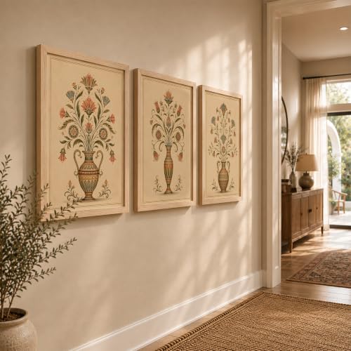 Image of NoWorries Floral Vase Wall Art Set of 3 Framed Prints | Indian Traditional Botanical Painting, Vintage Rajasthani Flower Pot Poster, Ethnic Royal Wall Decor for Living Room Bedroom Home (Synthetic Engineered Wooden Frame) (MIN -7, 17x25 inches)