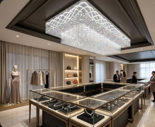 Image of Sanleen Large Rectangular Crystal Chandelier Ceiling Light 24x36 Inch | LED Flush Mount Wave Pattern Design | Modern Luxury Ceiling Lamp for Dining Room, Living Room | Height 18 Inch
