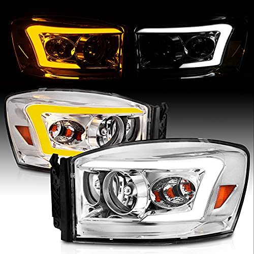 AmeriLite for 2006-2008 Ram Truck 1500 2500 3500 Switchback LED Tube Projector Chrome Replacement Headlights - Passenger and Driver Side