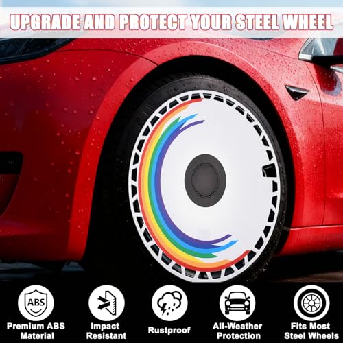 Image of White with Rainbow Hubcap Wheel Cover Replacement Kit 12 inch Hub Caps Wheel Rim Cover Snap-On Full Coverage Hubcaps Car Exterior Accessories Set of 4, 12 inches
