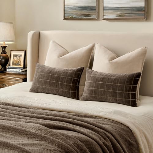 Image of MIULEE Brown Plaid Decorative Fall Throw Pillow Covers 12x20 Set of 2 | Vintage Check Chenille Couch Pillows Boho Farmhouse Cushion Covers Modern Fall Home Decor for Sofa Bed Living Room