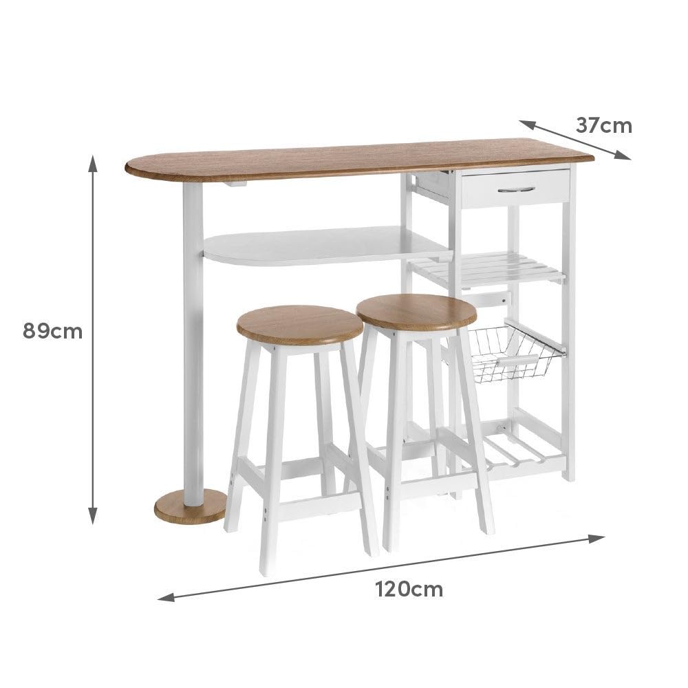 LOLAhome Conjunto de Mesa Barra y 2 taburetes con 1 cajón, 2 estantes, Cesta extraíble y botellero para Cocina de MDF Blanco y Natural