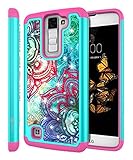 LG K8 Case, LG Escape 3 Case, LG Phoenix 2 Case, Style4U Flower Studded Rhinestone Crystal Bling Hybrid Armor Case Cover for LG K8 / LG Escape 3 / LG Phoenix 2 with 1 Style4U Stylus [Teal / Hot Pink]