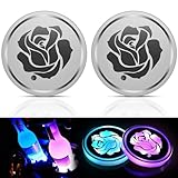 Domensi 2 Pcs LED Cup Holder Lights for Car Light up Car Coasters Rose Valentine Auto Cup Pad with 7 Color Mode USB Insert Car Accessories for Men Women Girl Teen Gift Atmosphere Lamp Decoration