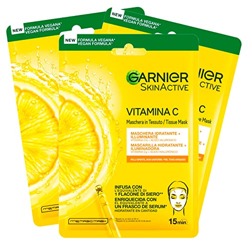Garnier SkinActive Mascarilla Facial Desechable en Lámina Hidratante e Iluminadora con Vitamina C y Ácido Hialurónico - 3 Mascarillas Desechables