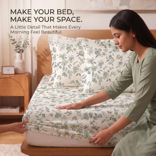 Image of VAS COLLECTIONS 240 TC Premium Fitted Bedsheet, Floral Printed King Size Elastic Deep Pocket Mattress Cover, Soft Breathable Bed Sheet for Bedroom, 72 x 78 + 10 Inches (183 x 198 + 25 cm) - Sage