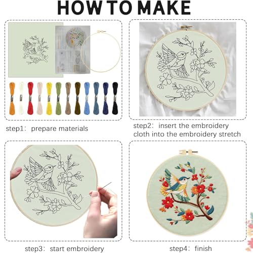 Image of INFUNLY 4 Pack Hummingbird Embroidery Kits for Beginners Flower Cross Stitch Kit Animal DIY Needlepoint Kits Floral Stamped Embroidery Kit with Instructions Embroidery Hoops Threads