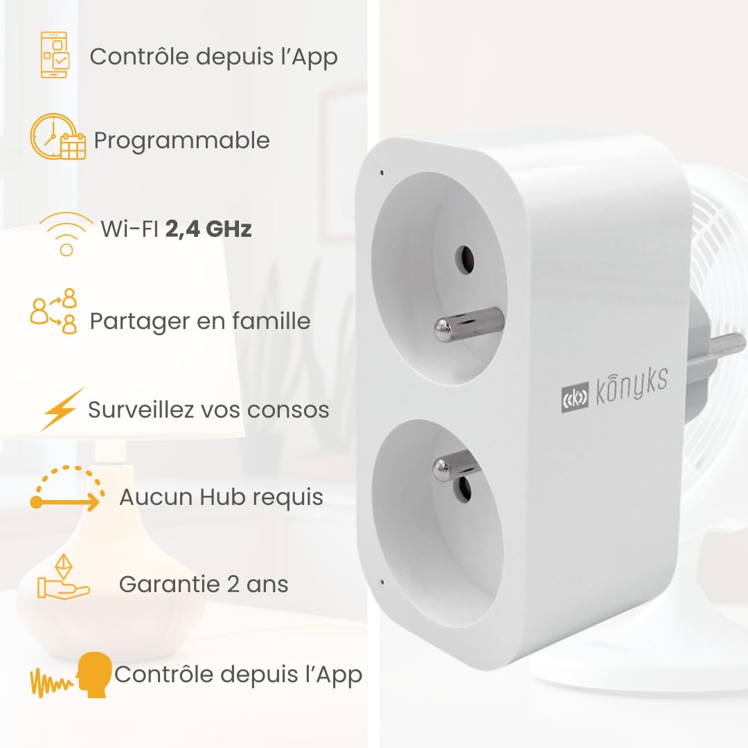 Konyks Priska Duo FR prise double Wi-Fi + BT, contrôle ON/OFF à distance, suivi de la consommation des 2 appareils simultanément, compatible Smartlife et Tuya, Amazon Alexa et Google Home