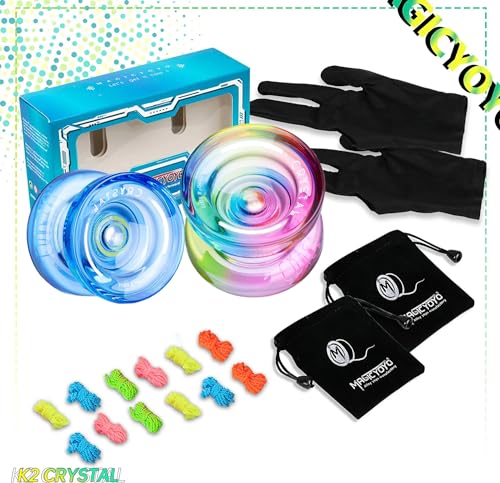 Image of MAGICYOYO Pack of 2 Responsive Yoyos for Kids Beginners, K2 Crystal Yo-yos with 2 Yo Yo Gloves, 2 Yo yo Bags, 12 Yo yo Strings (Crystal Blue+Blue Pink Yellow)