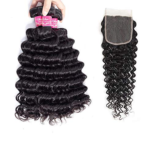 Brazilian Deep Curly Hair with Closure 8A Unprocessed Virgin Human Hair Deep Weave 3 Bundles with Free Part Closure Natural Color(12 14 16+10"closure)