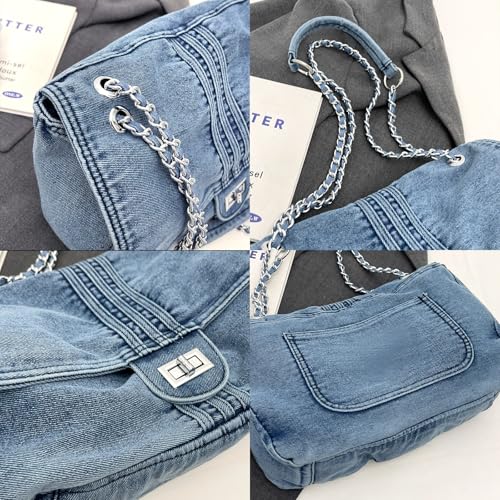 Image of Large Denim Purses for Women Denim Tote Bag Casual Retro Crossbody Lightweight Shoulder Bag Canvas Handbags