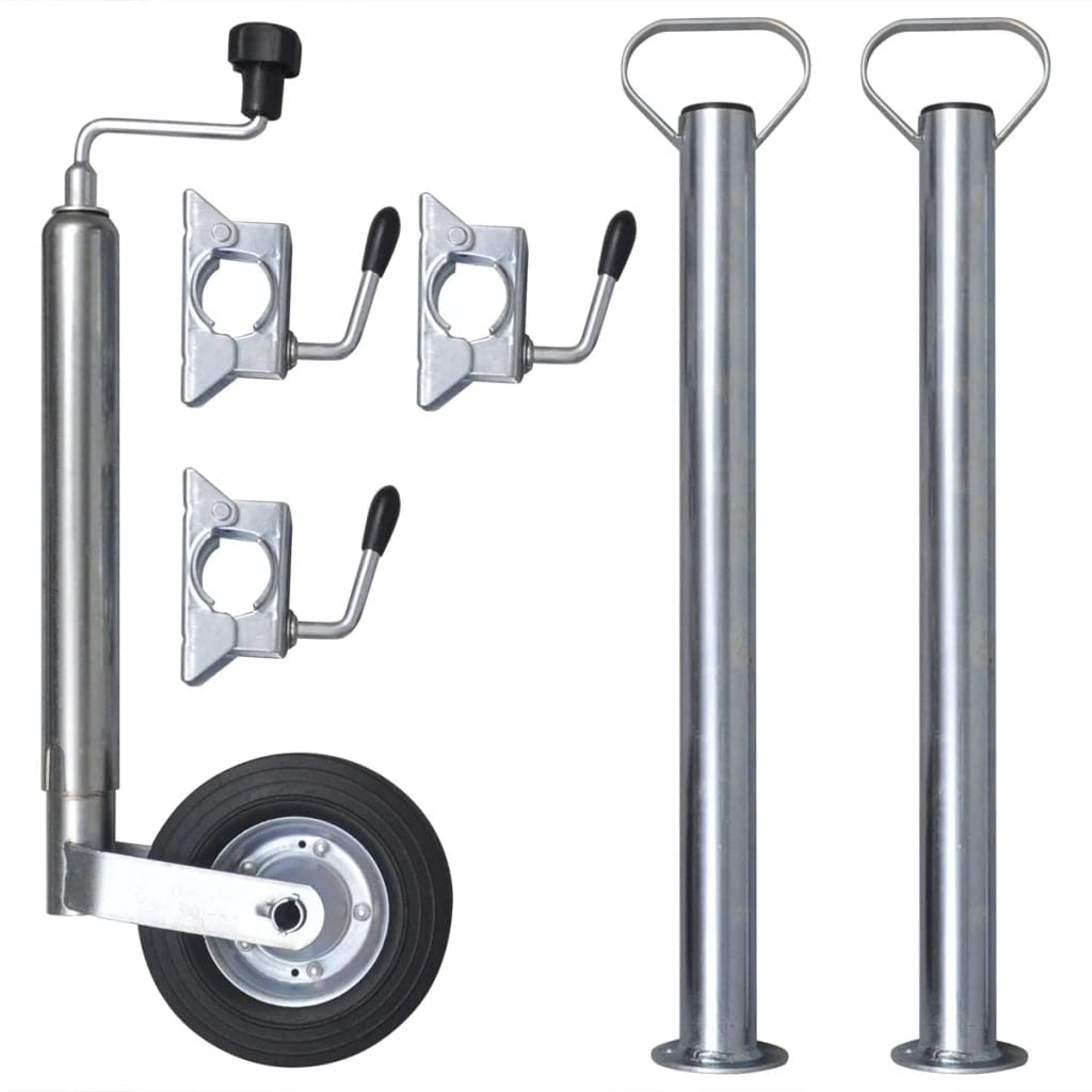 48 mm Stützrad aus verzinktem Stahl mit 2 Abstellstützen und 3 Klemmhaltern, 150 kg Tragkraft, höhenverstellbar 53-75 cm, 200 mm Gummirad für Anhänger, Trailer