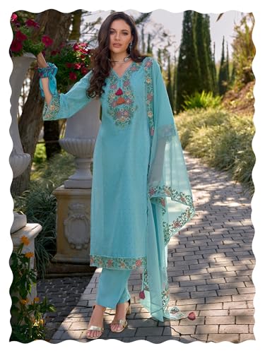 Image of INDO ERA Women's Pure Cotton Floral Embroidered Straight Kurta & Pant with Dupatta Set | Cotton Kurta Set For Woman