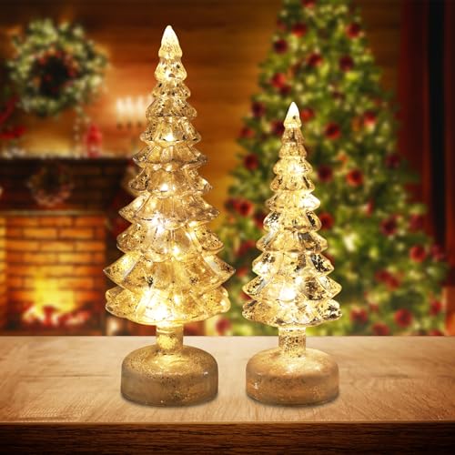 YEAHOME Christmas Decorations Indoor, Set of 2 Glass Christmas Trees with Lights for Home Decor, Christmas Table Decorations Xmas Tree with Timer for Living Room Fireplace Mantel Tabletop Party Decor