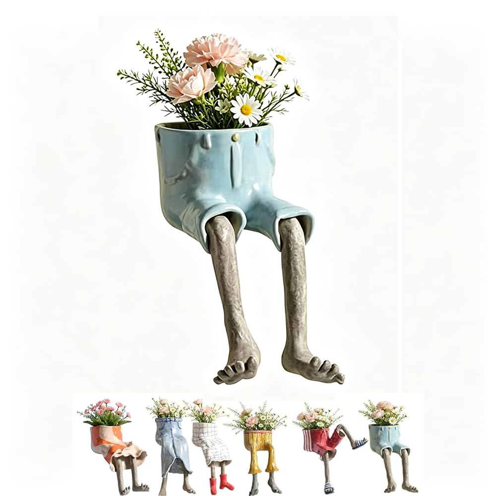 Glyntheum Sitting Human-Leg Planter Creative Dangling Legs Flower Pot, Quirky Succulent Planter with Hidden Drain, Playful Leggy Pot for Shelf Desk Windowsill Home Office, A