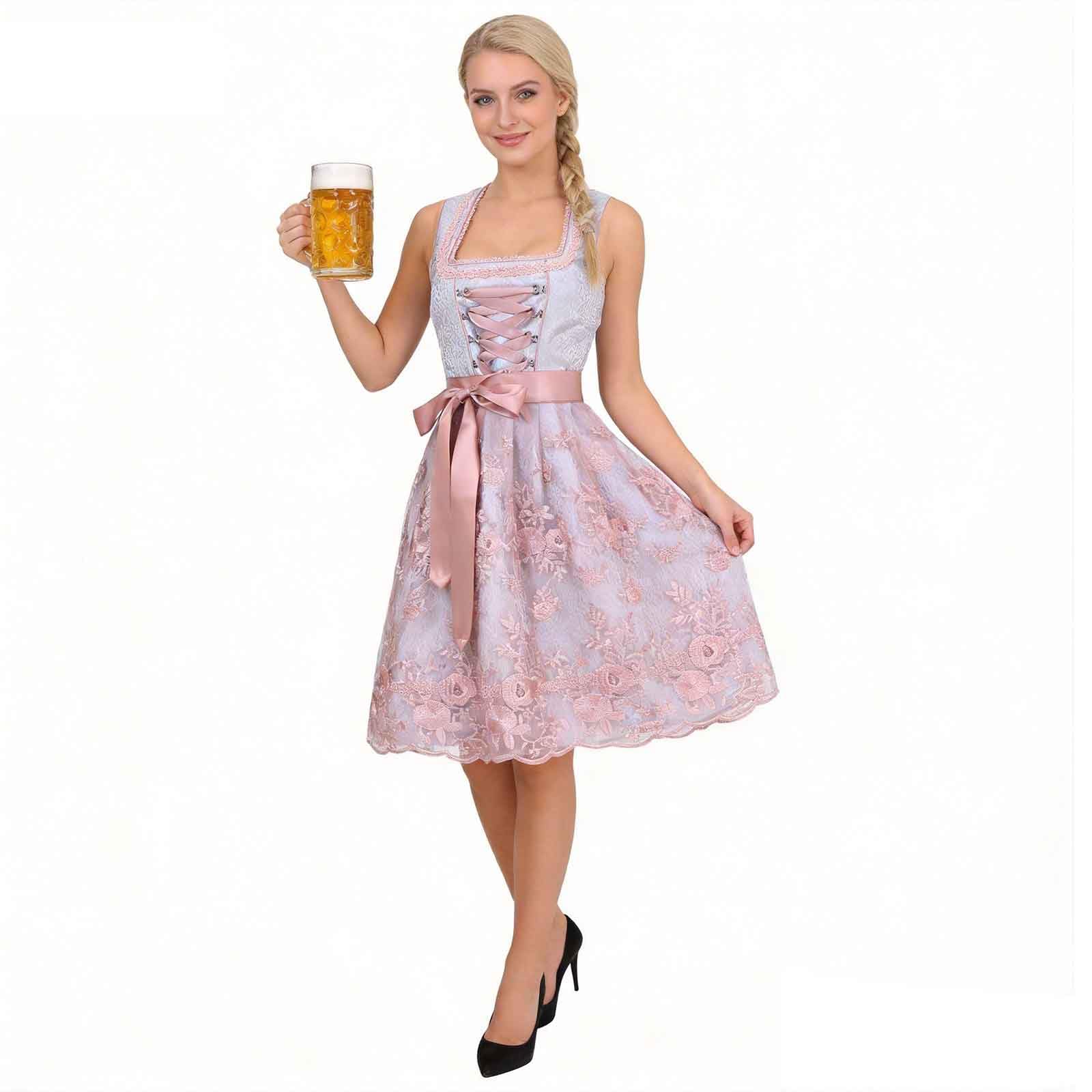 Jecarden Midi Dirndl Damen inkl. Spitzenschürze für Oktoberfest Trachtenkleid für Besondere Trachtenmode für Anlässe Trachtenrock Kleid
