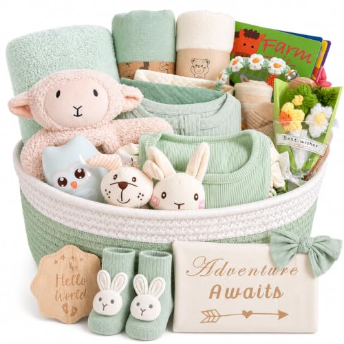 Image of Ultimate Baby Girl Gift Basket, Woodland Sage Green Newborn Essentials, Premium All-in-One Baby Shower Gifts for Expecting Moms with Floral Skirt, Swaddle, Diaper Caddy Organizer