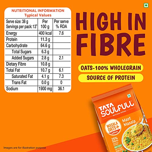 Image of Tata Soulfull Masala Oats+ With Millets, Mast Masala, 500g, Real Vegetables, 25% Millets, Non Sticky , Evening Snack, Healthy Snack