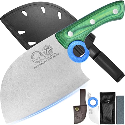 XYJ Authentic Since 1986,Heavy Duty Large Meat Cleaver,Serbian Chef Butcher Knife with Case,Chefs Vegetable Kitchen Knife,Full Tang for Outdoor Camping,Wood Handle with Sheath
