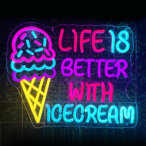 Image of Ice Cream Neon Sign Wall Decor Custom Dimmable LED Light for Shop USB Powered Ice Cream Bar Food Shop Neon Art Party Neon Sign Decor 12.6x15.9 inch