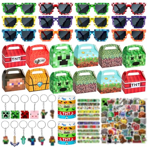 Defresit 160-teiliges Pixel Mitgebsel Set für 12 Gäste Gastgeschenke zum Geburtstag mit 12 Pixel Sonnenbrillen Geschenkboxen Schlüsselanhängern Armbändern Schnapparmbändern und 100 Stickern