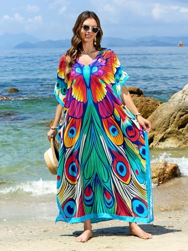 Image of sunforyou Kaftan Dresses for Women Plus Size Lightweight Swimsuit Cover up Batwing Sleeve Print Loungewear Beach Robe