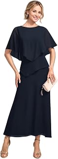 Short Sleeve Tea Length Mother of The Bride Dresses for Women Chiffon Dressy Formal Wedding Guest Dress