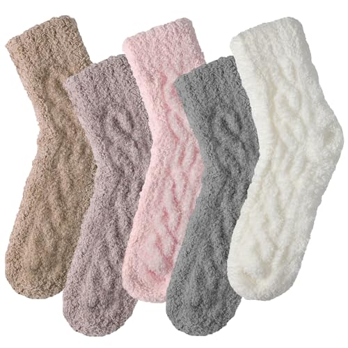 Premillow 5 Pairs Fuzzy Socks for Women, Winter Fluffy Socks Womens, Soft Cozy Warm Slipper Sock Home Sleeping Sock