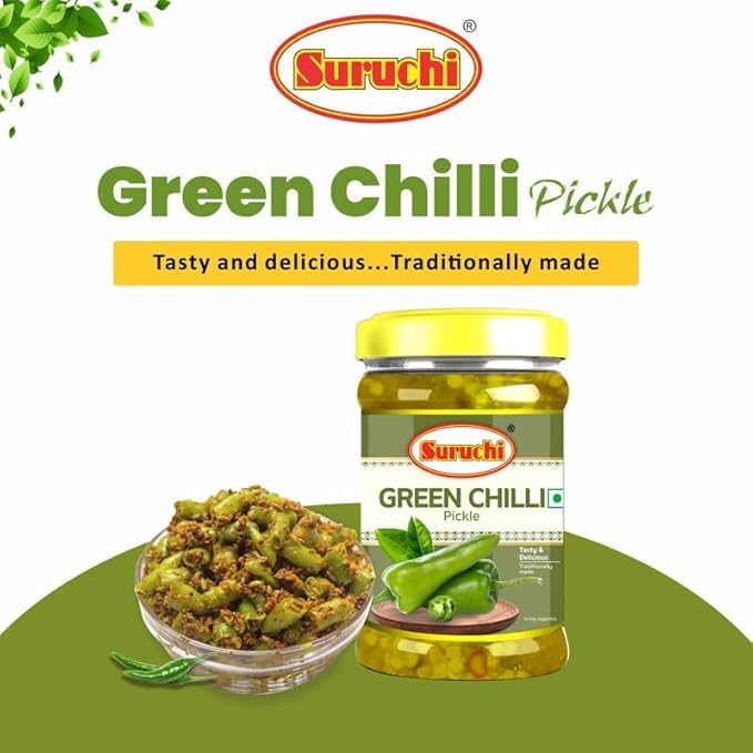 Image of Suruchi Green Chilli Pickle - 200g | Hari Mirchi Ka Achar | Ready to Eat Green Chilli Pickle | Authentic Indian Achar | Pure & Natural Ingredients | Hygienically Packed (Pack of 1)
