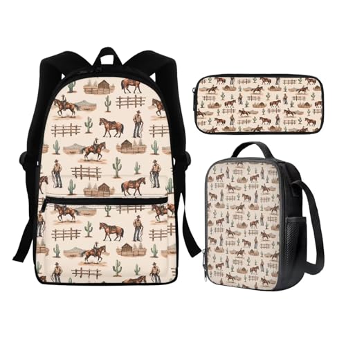 Guosanchn Mochila caubói ocidental, 3 peças, mochila escolar para meninos com lancheira, capa de pemcil, cavalo do sudoeste, mochila escolar para estudantes do ensino fundamental, mochila diurna