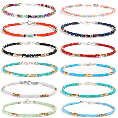 XIJIN 12Pcs Handmade Beaded Anklets for Women Girls Boho Colorful Beads Ankle Bracelets Adjustable Foot Anklet Set