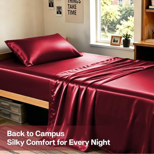 Image of MR&HM Satin Bed Sheets, Twin XL Size Sheets Set, 3 Pcs Silky Bedding Set with 15 Inches Deep Pocket for Mattress (Twin XL, Burgundy)