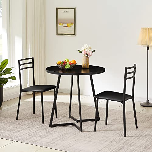 Image of VECELO 3 Piece Wood Round Dining Table Set with Cushioned Chairs, Modern Counter Height Dinette for Kitchen Breakfast Nook Living Room Small Space, Black