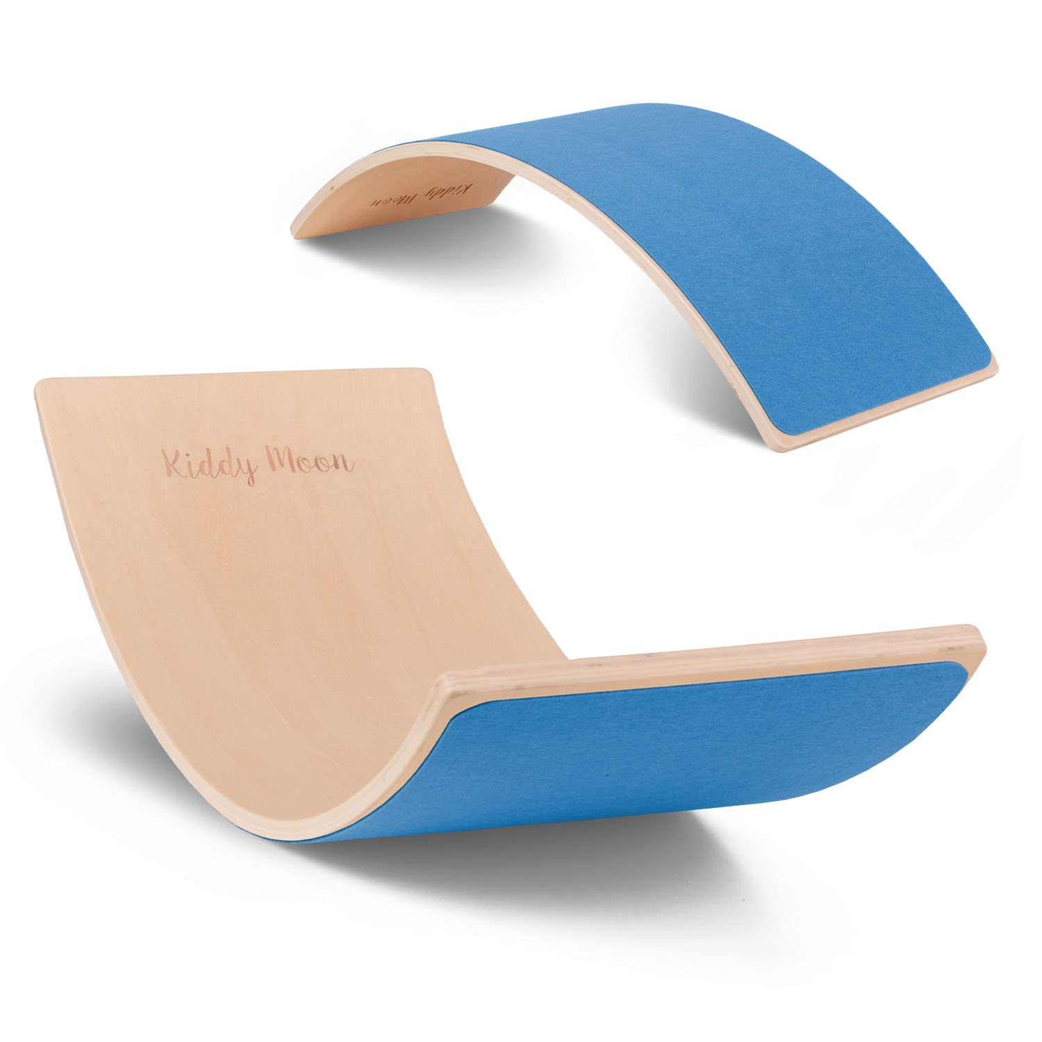 KiddyMoon Wooden Balance Board For Children Wooden Swing Board Montessori Toy For Kids Balancing Board For Babies Wooden Toys Wobble Board 80X30cm, Natural/Blue Felt