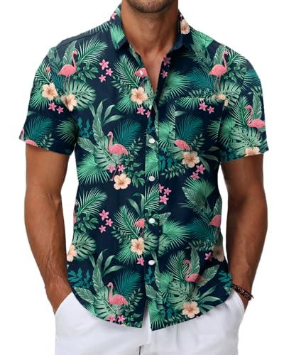 HMIYA Herren Hawaii Hemd Männer 100% Baumwolle Unisex Kurzarm Vordertasche Button Down Sommer Freizeit Urlaub Strand