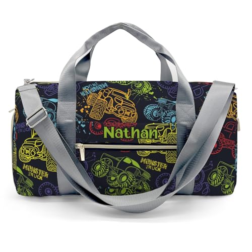 Colorful Monster Truck Car Personalized Duffel Bag with Name Custom Weekend Bag with Shoe Compartmen for Boys Girls Sports Gym Swim Bag Travel Bag