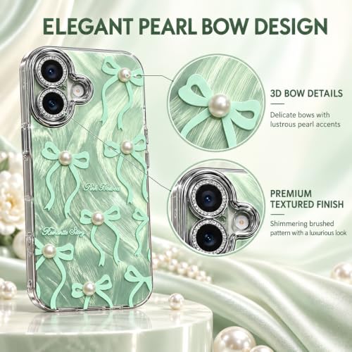 Image of VONZEE Compatible with iPhone 17 Case Luxury Pink Girly Cute 3D Bow Pearl Glitter Bling Case with Full Camera Protection Shockproof PC+TPU Glossy Shiny Cover for Girls Women, Green