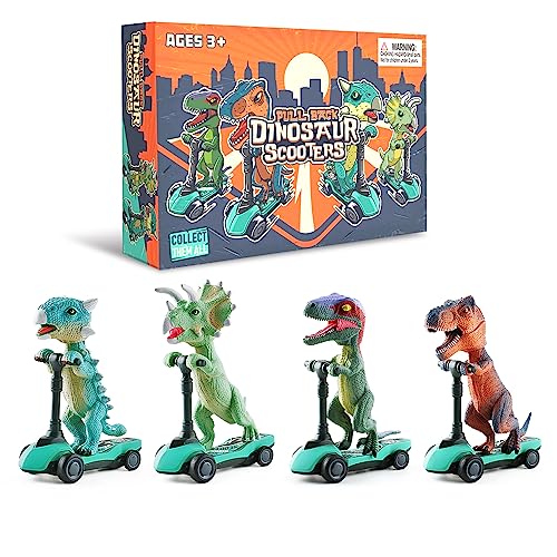 Image of DINOBROS Dinosaur Scooter Toys Pull Back Cars Mini Finger Kick Scooters Boy Toy Age 3 4 5 6, Dino Gift Sets for Kids 4-Pack