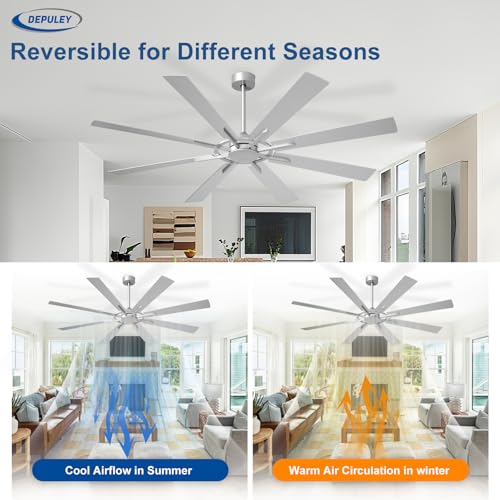 Image of Depuley Ceiling Fan Without Light: Big Indoor Outdoor Fan with Remote APP Control - Large Ceiling Fan no Light 8 Blade Reversible Quiet DC Motor Memory Function Timer 66 Inch Silver