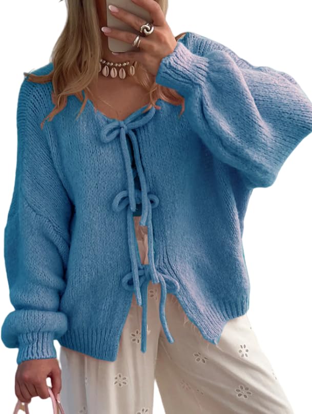 Womens 2025 Fall Tie Front Bow Cardigan Sweaters Chunky Knit Casual Long Puff Sleeve Trendy Fall Winter Jacket